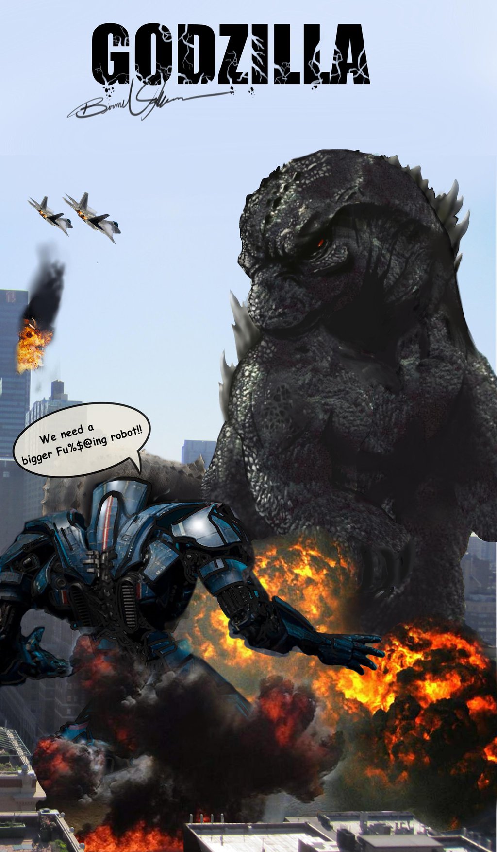 Comical fan art of Godzilla vs. Gipsy Danger from Pacific Rim