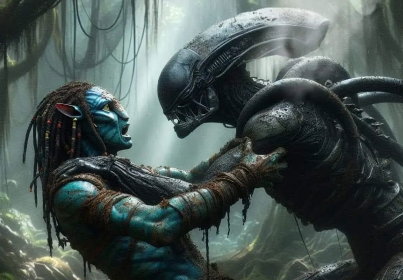 This fan art generated by A.I. depicts Alien's Xenomorphs battling Avatar's Na’vi!