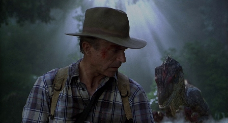 Velociraptor sneaks up on Alan Grant in Jurassic Park 3