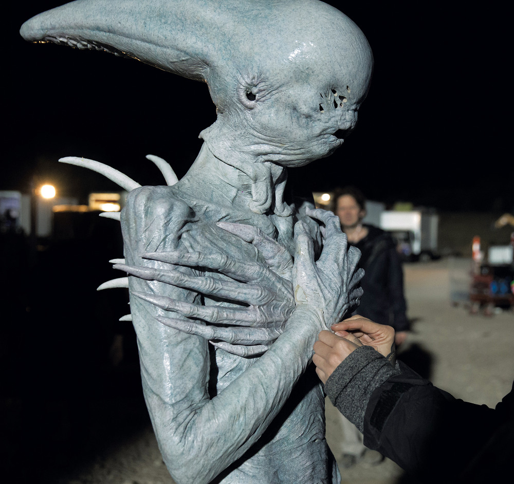 Putting the finishing touches to the Neomorph on set.