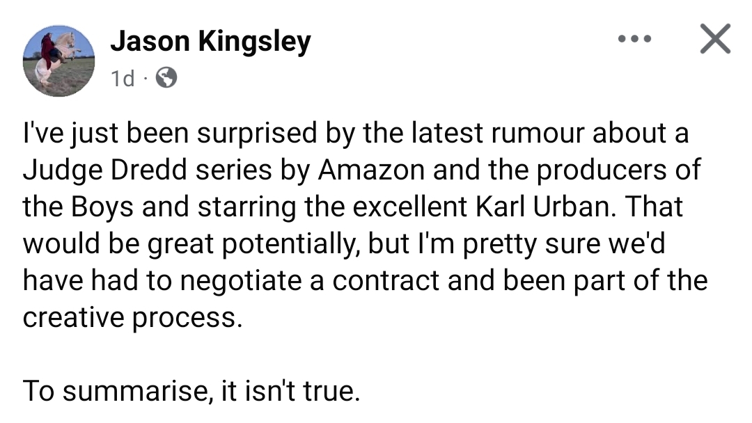 Image for Sadly no, there is not a Judge Dredd TV series starring Karl Urban in development at Amazon.