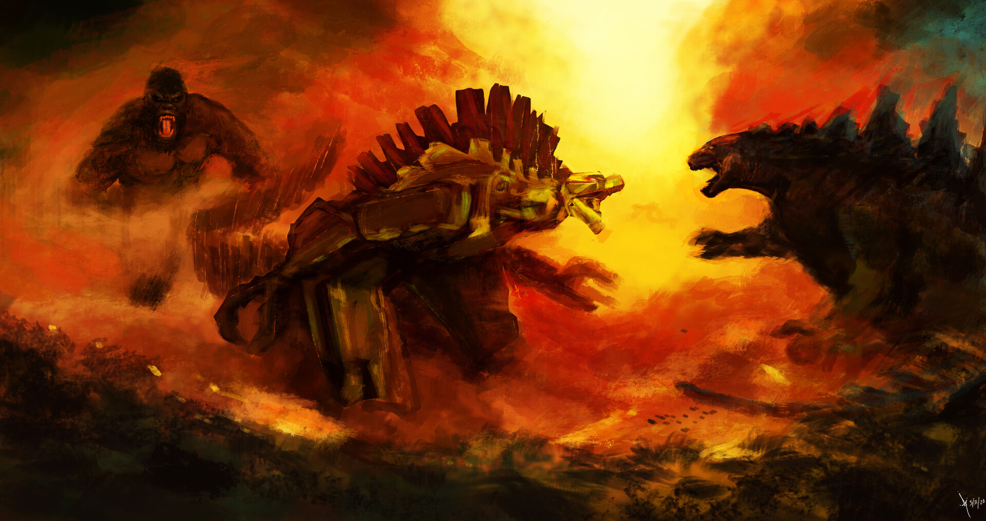 Awesome Godzilla vs. Kong vs. Mechagodzilla digital artwork by Danny Gonzal...